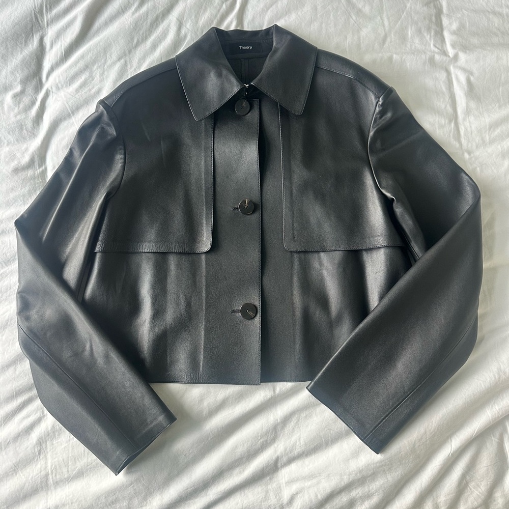 Theory Cropped Black Leather Trench Jacket